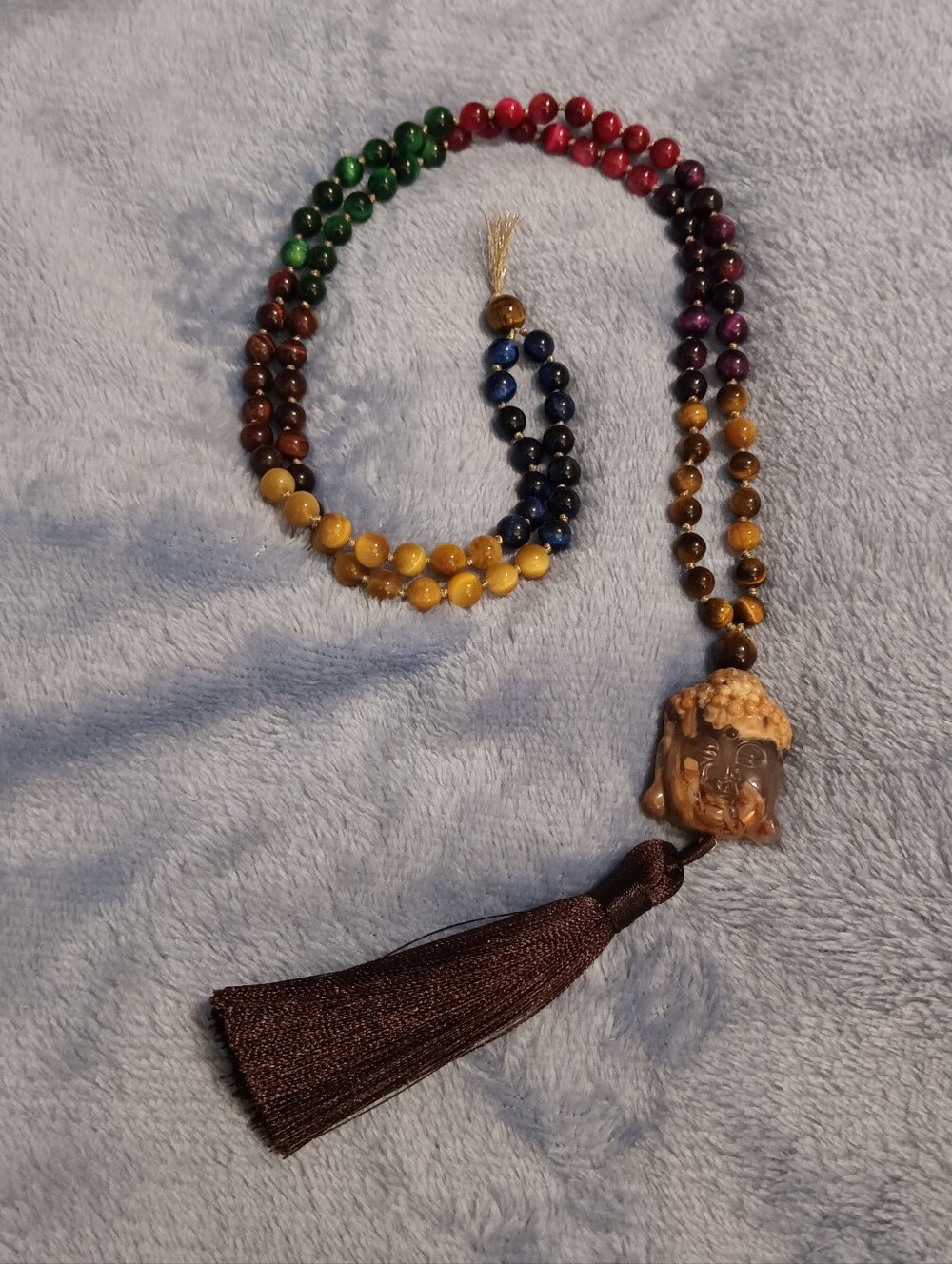 Handmade Gemstone Beaded Mala Chakra Necklace with Agate Pendant